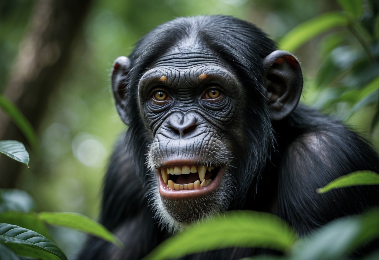 Close-up of an aggressive-looking chimpanzee in a forest setting with intense facial expression.
