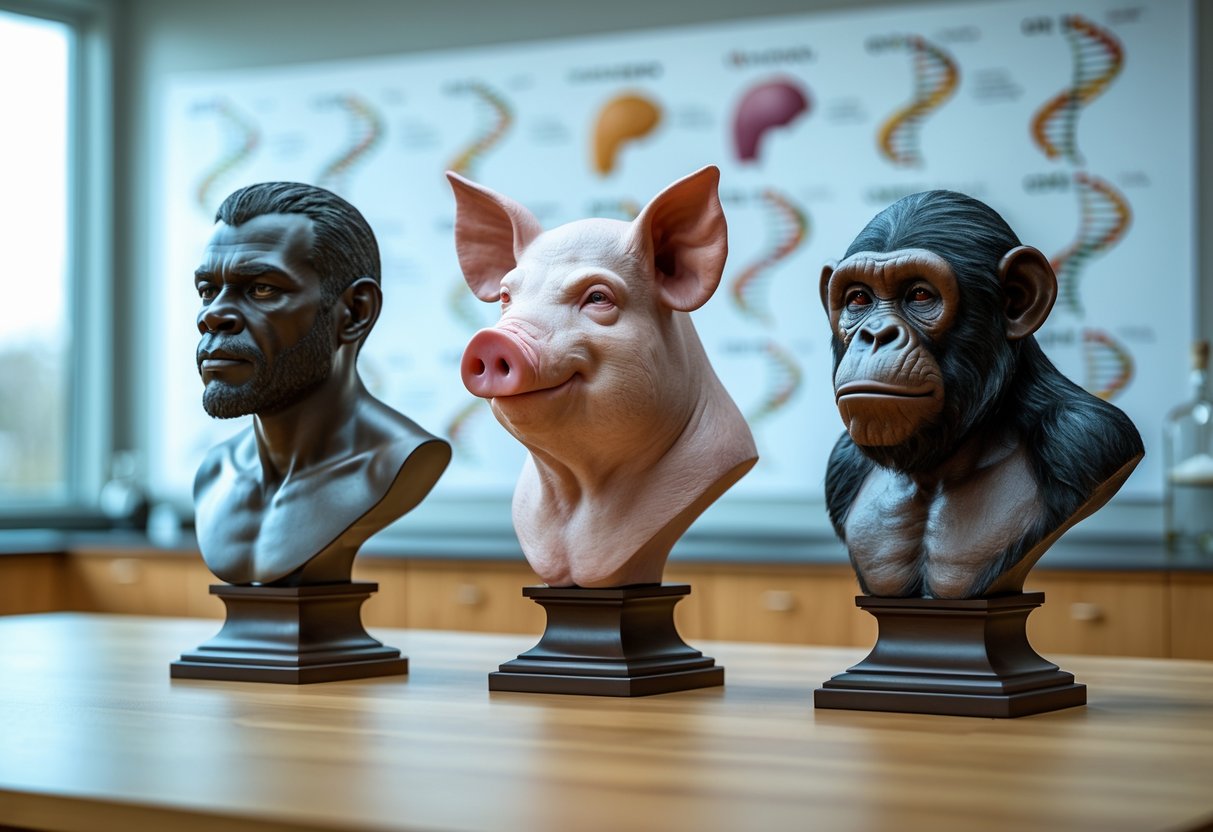Three bust sculptures of a human, pig, and chimpanzee displayed side by side on a table in a laboratory setting.