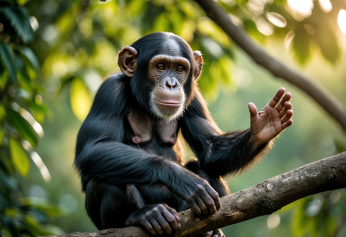 A chimpanzee sitting on a tree branch reaching out its hand in a green forest.
