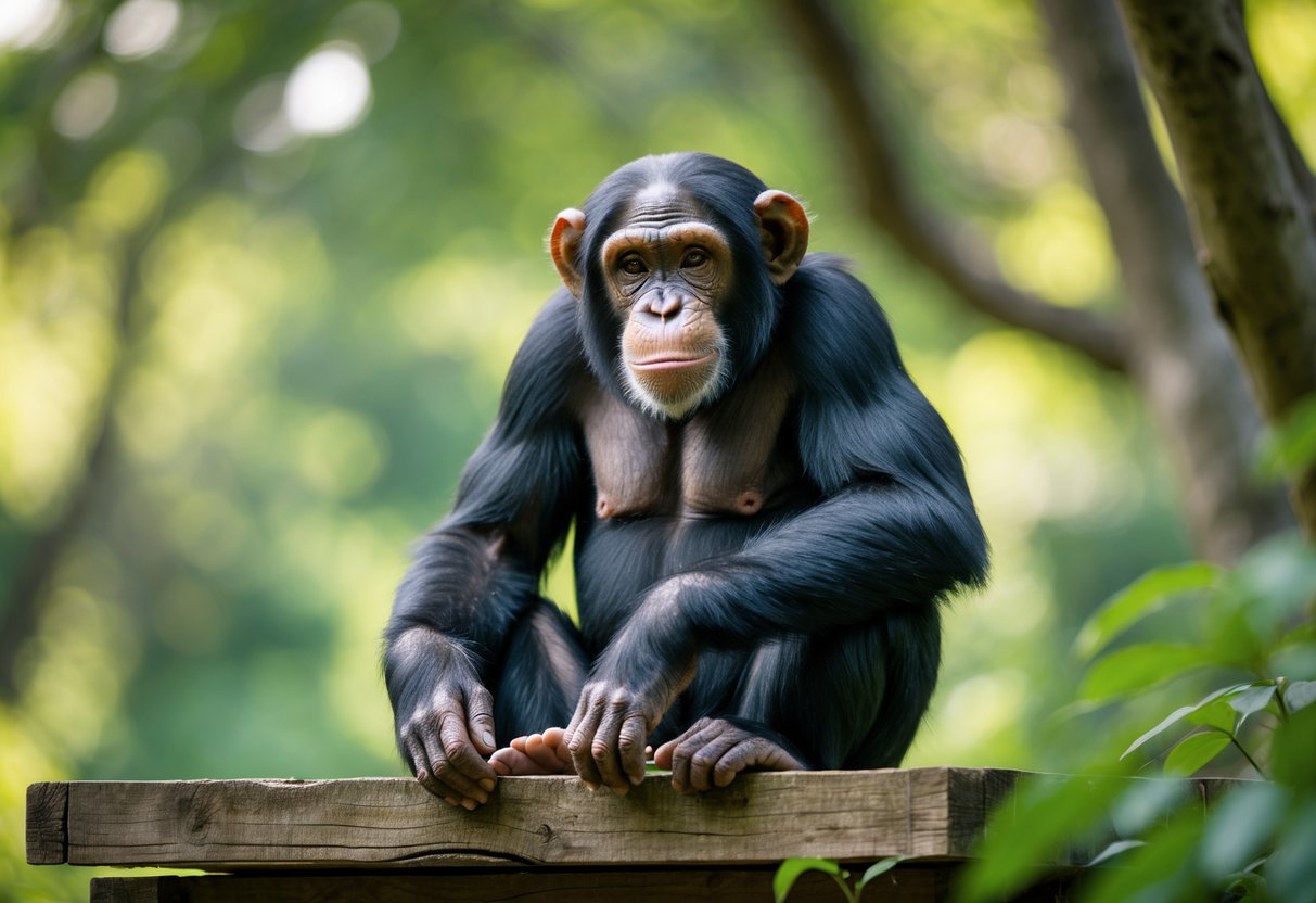 An adult chimpanzee sitting calmly on a wooden platform in a green outdoor setting.