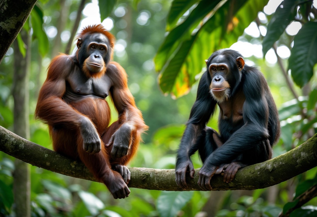 An orangutan sitting calmly on a tree branch and a chimpanzee perched nearby in a green jungle.