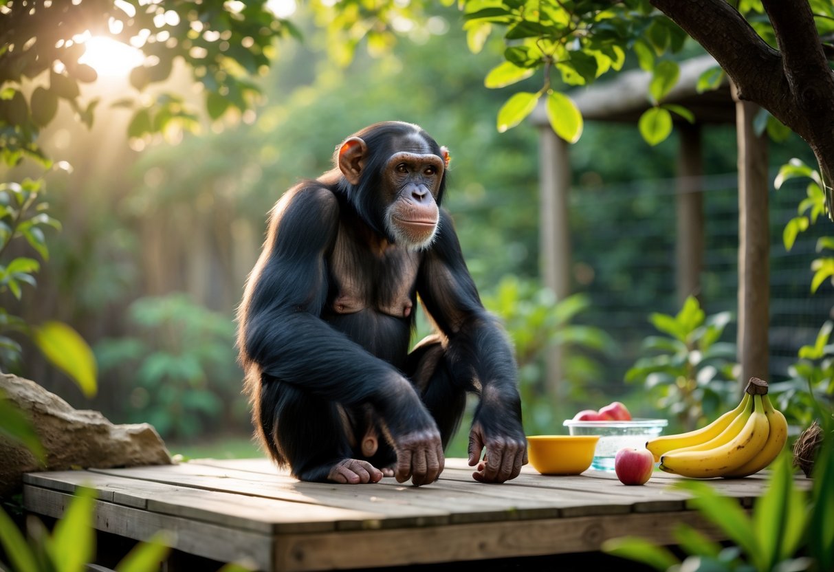 A pet chimpanzee sitting calmly on a wooden platform in a green outdoor enclosure with fruit and water nearby.