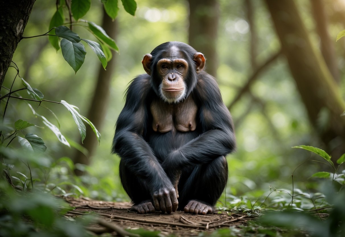 A chimpanzee sitting calmly on the forest floor surrounded by green trees and foliage.