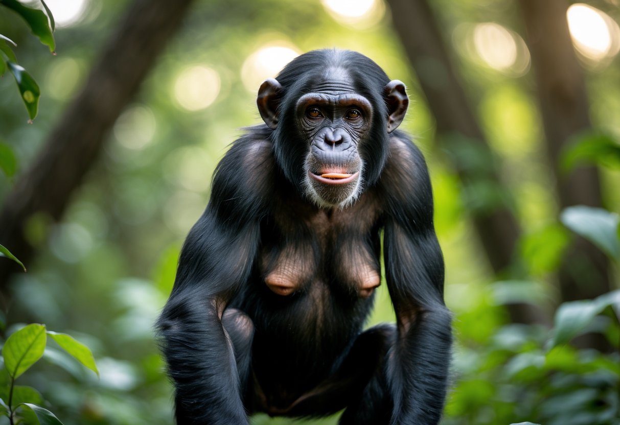 A female chimpanzee in a forest setting looking alert with focused eyes and slightly bared teeth.