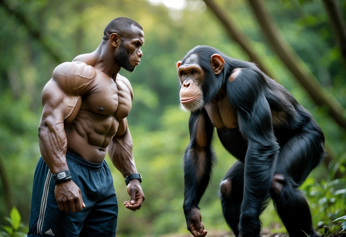 A muscular adult man and a strong chimpanzee face each other outdoors in a green forest.