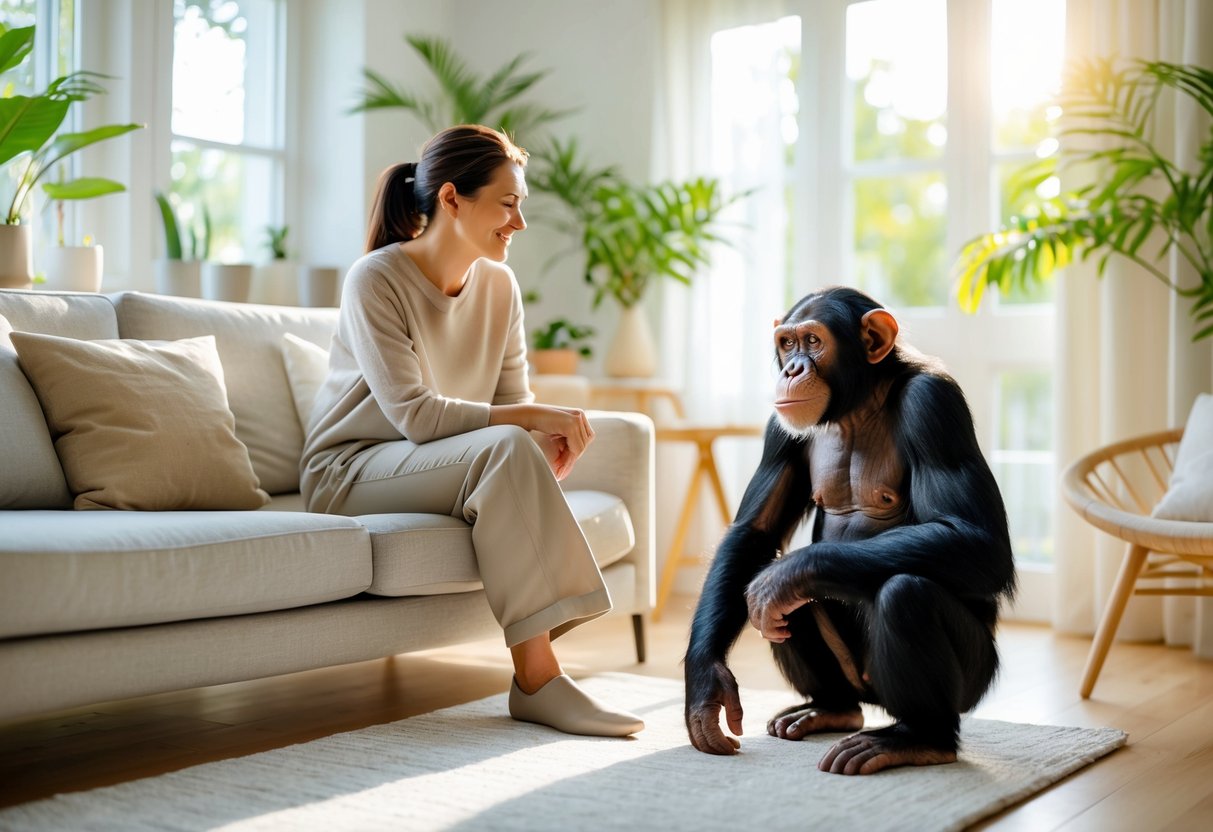 A person sitting on a sofa in a bright living room with a chimpanzee sitting nearby on a rug, both appearing calm and comfortable.