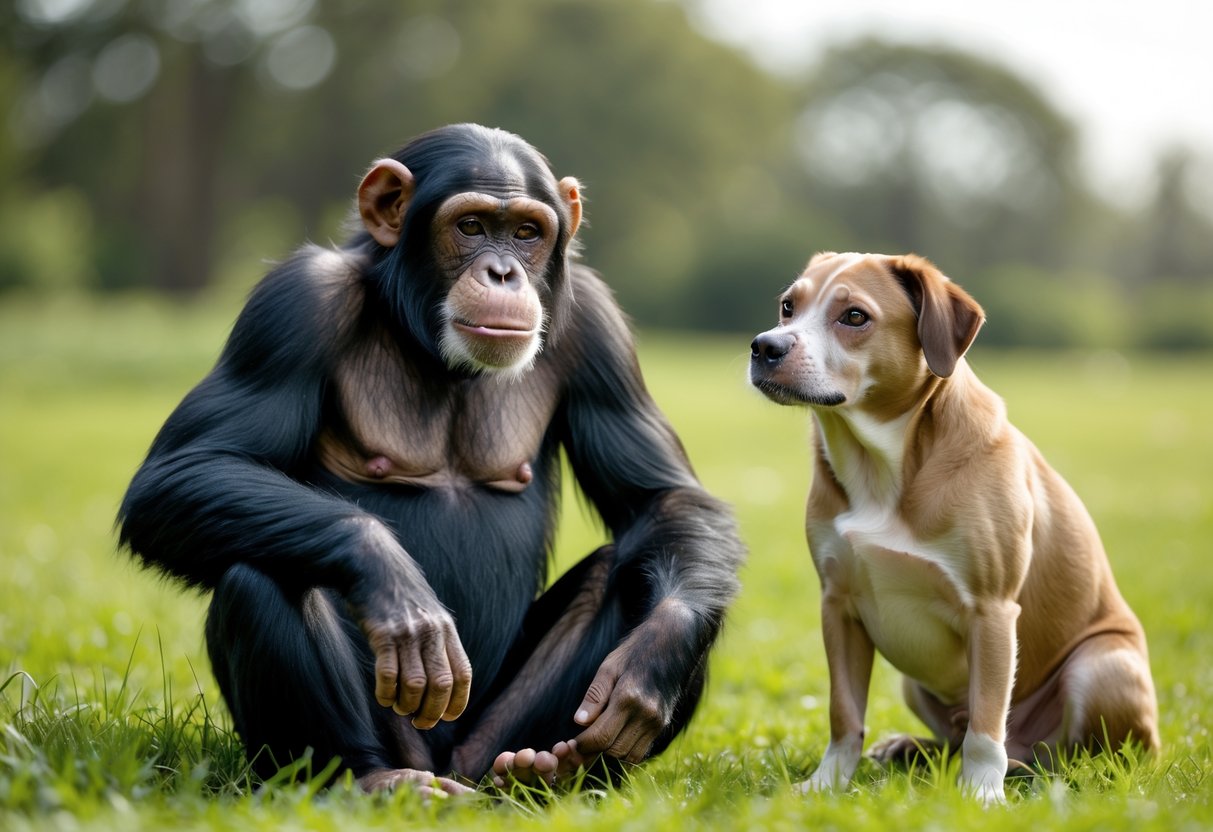 A chimpanzee and a dog sitting calmly together on grass in a natural outdoor setting.