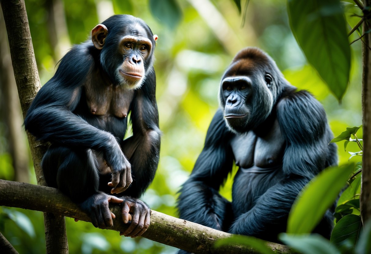 A chimpanzee sitting on a tree branch and a gorilla sitting on the forest floor in a jungle.