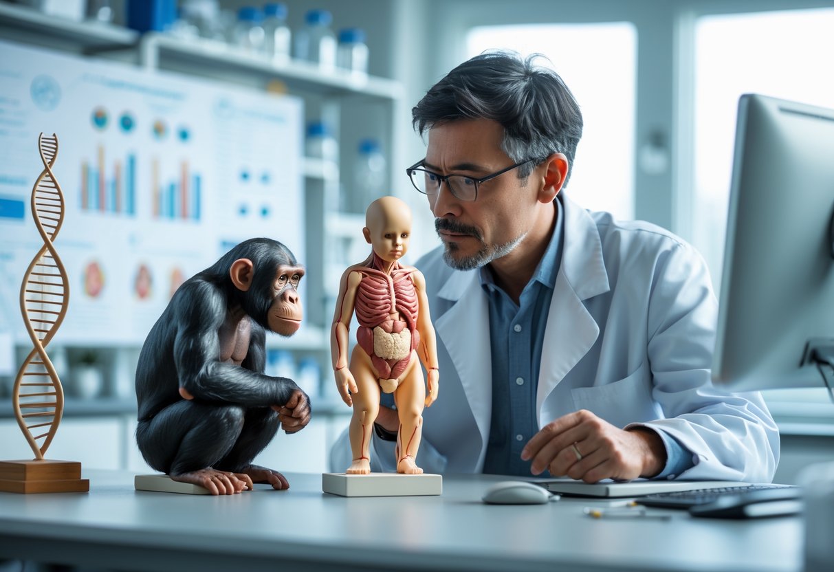 A scientist in a laboratory examining anatomical models of a chimpanzee and a human fetus side by side.