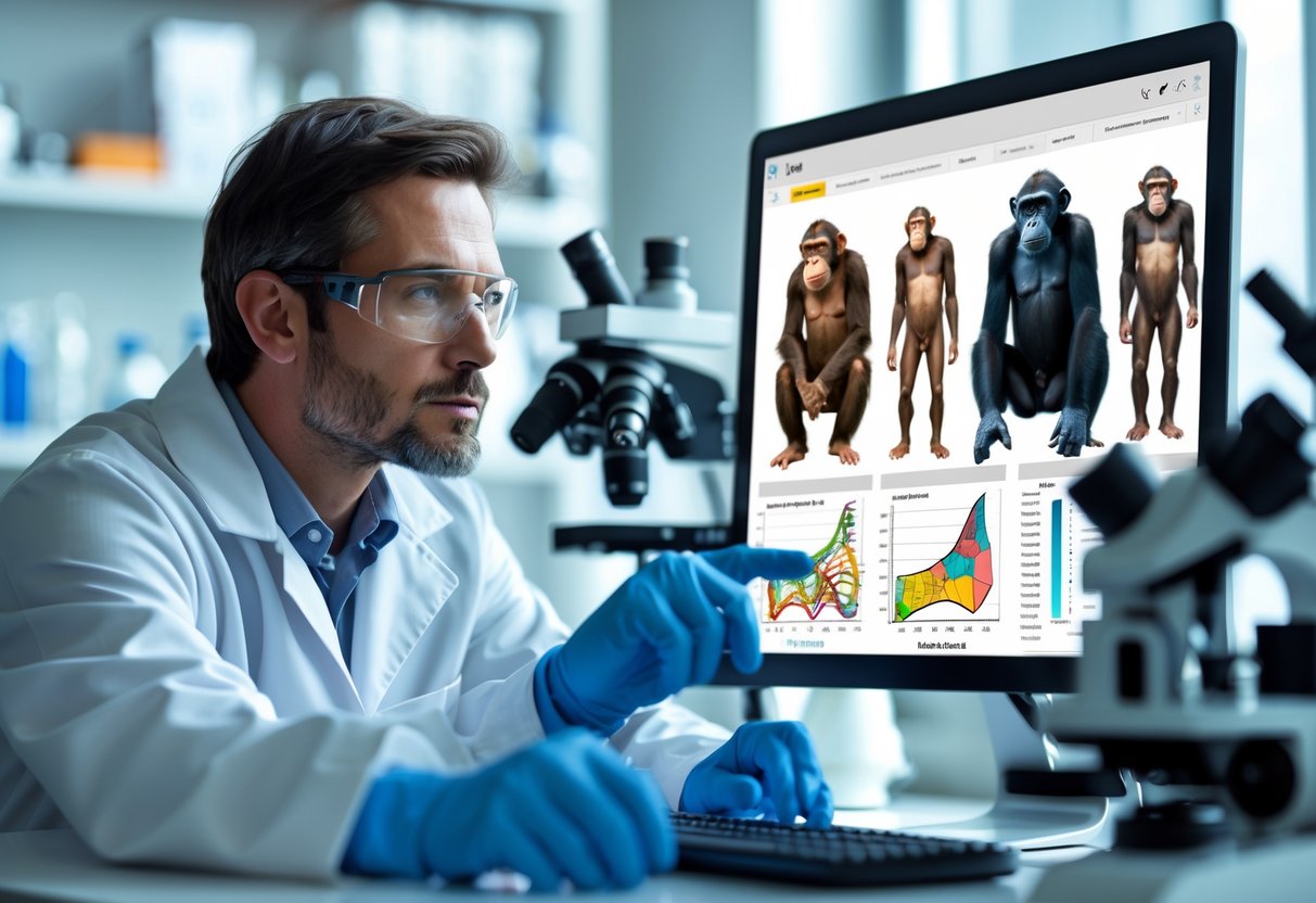 A scientist in a lab coat studies DNA models and primate anatomy charts in a laboratory filled with scientific equipment.