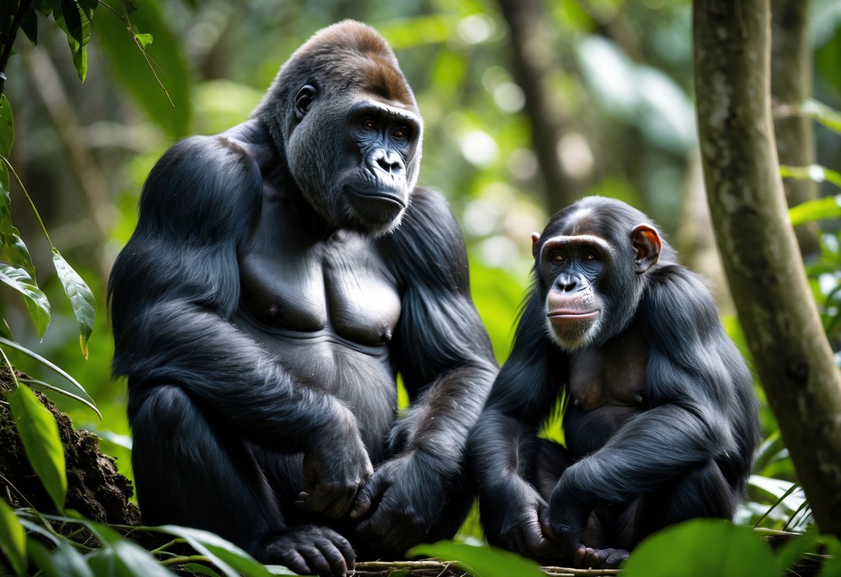 A gorilla and a chimpanzee sitting calmly side by side in a green jungle setting.