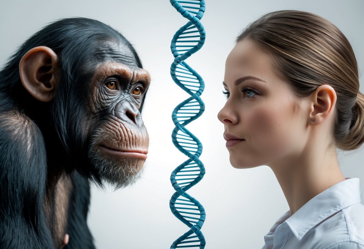 Close-up side-by-side view of a chimpanzee and a human female with faint DNA strands between them, illustrating genetic differences.