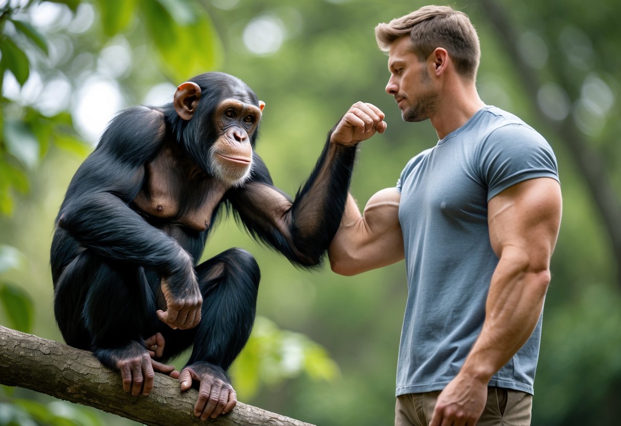 A chimpanzee gripping a tree branch and a man flexing his arm, standing outdoors facing each other.