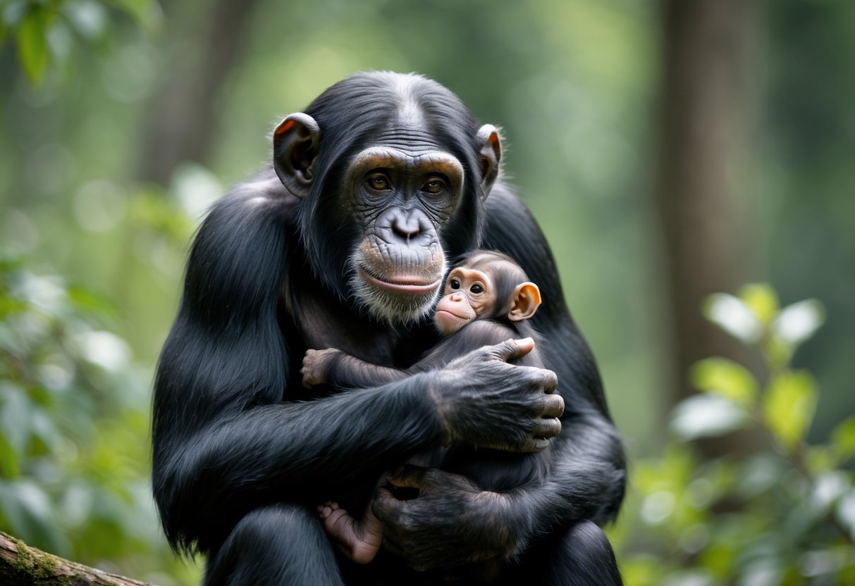 A chimpanzee mother gently holding her baby close in a forest setting.