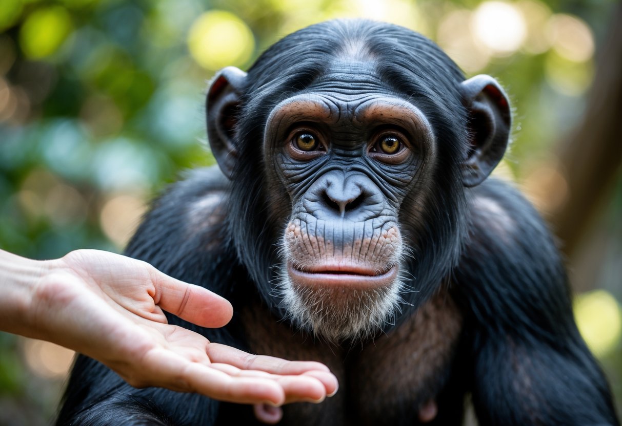 A chimpanzee looking at a human hand reaching out toward it in a natural outdoor environment.