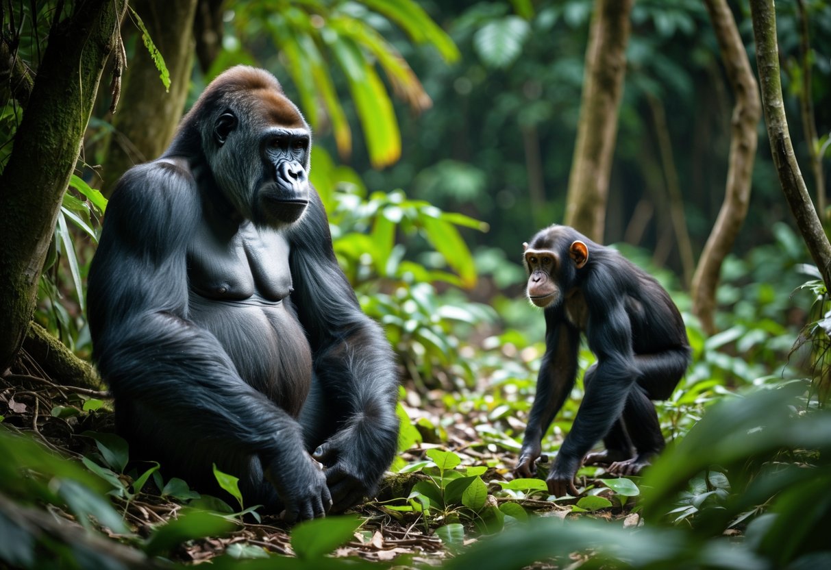 A gorilla sitting calmly on the forest floor while a chimpanzee approaches nearby in a dense tropical forest.