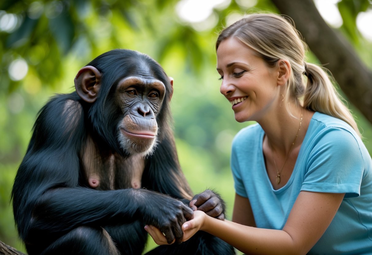 A chimpanzee and a human sitting together outdoors, calmly interacting in a friendly manner.