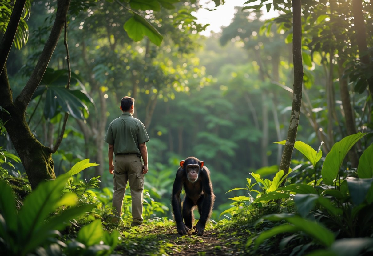 A person standing calmly with hands raised as a chimpanzee approaches slowly in a forest setting.