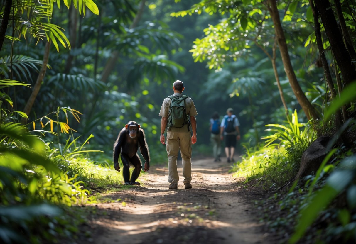 A hiker standing calmly with hands raised as a chimpanzee cautiously approaches in a dense tropical forest.