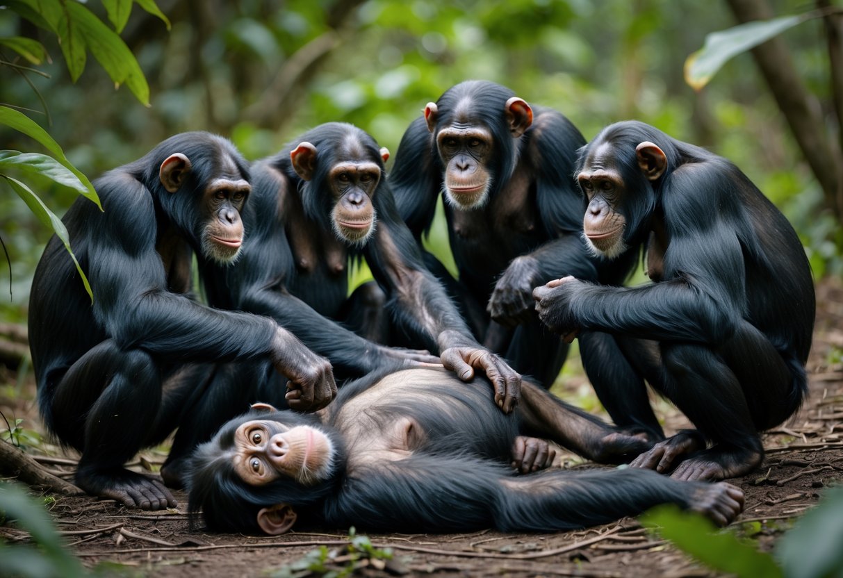 A group of chimpanzees gathered around a deceased chimpanzee in a forest, showing signs of care and attention.