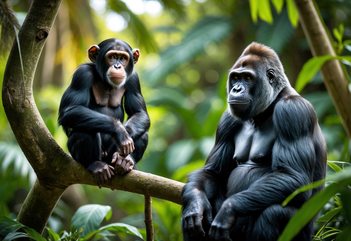 A chimpanzee sitting on a tree branch and a gorilla sitting on the ground in a jungle setting.