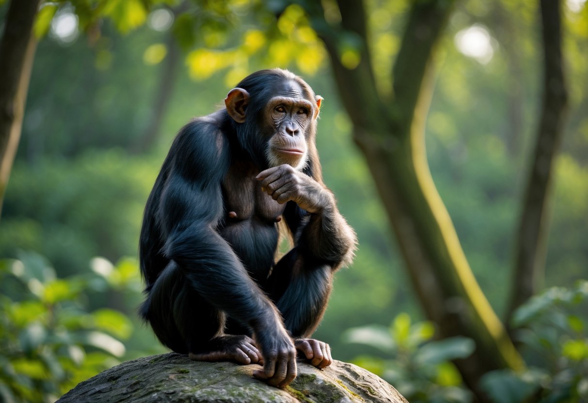 An adult chimpanzee sitting on a rock in a forest, resting its hand on its chin and looking thoughtful.