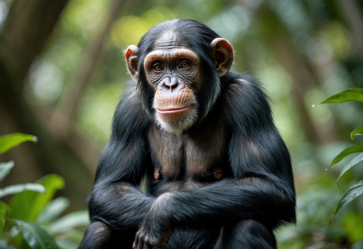 A chimpanzee sitting thoughtfully with a curious expression in a natural setting.
