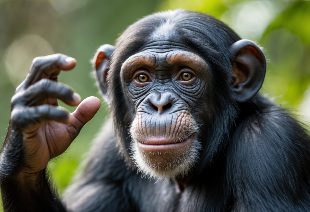 A chimpanzee looking directly at the camera with a gentle expression in a natural outdoor setting.