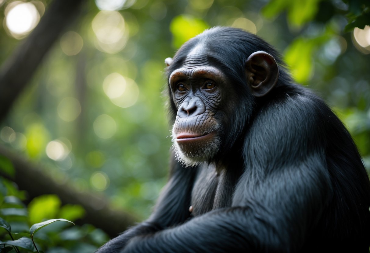 A chimpanzee sitting quietly in a forest with a thoughtful expression.