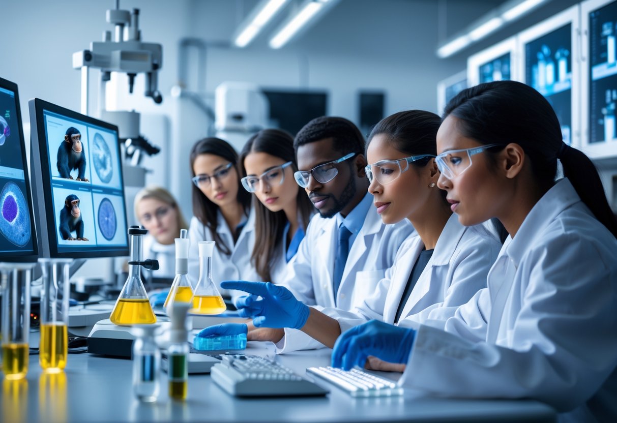 Scientists in a laboratory discussing research with microscopes and computer screens showing human and chimpanzee cells.