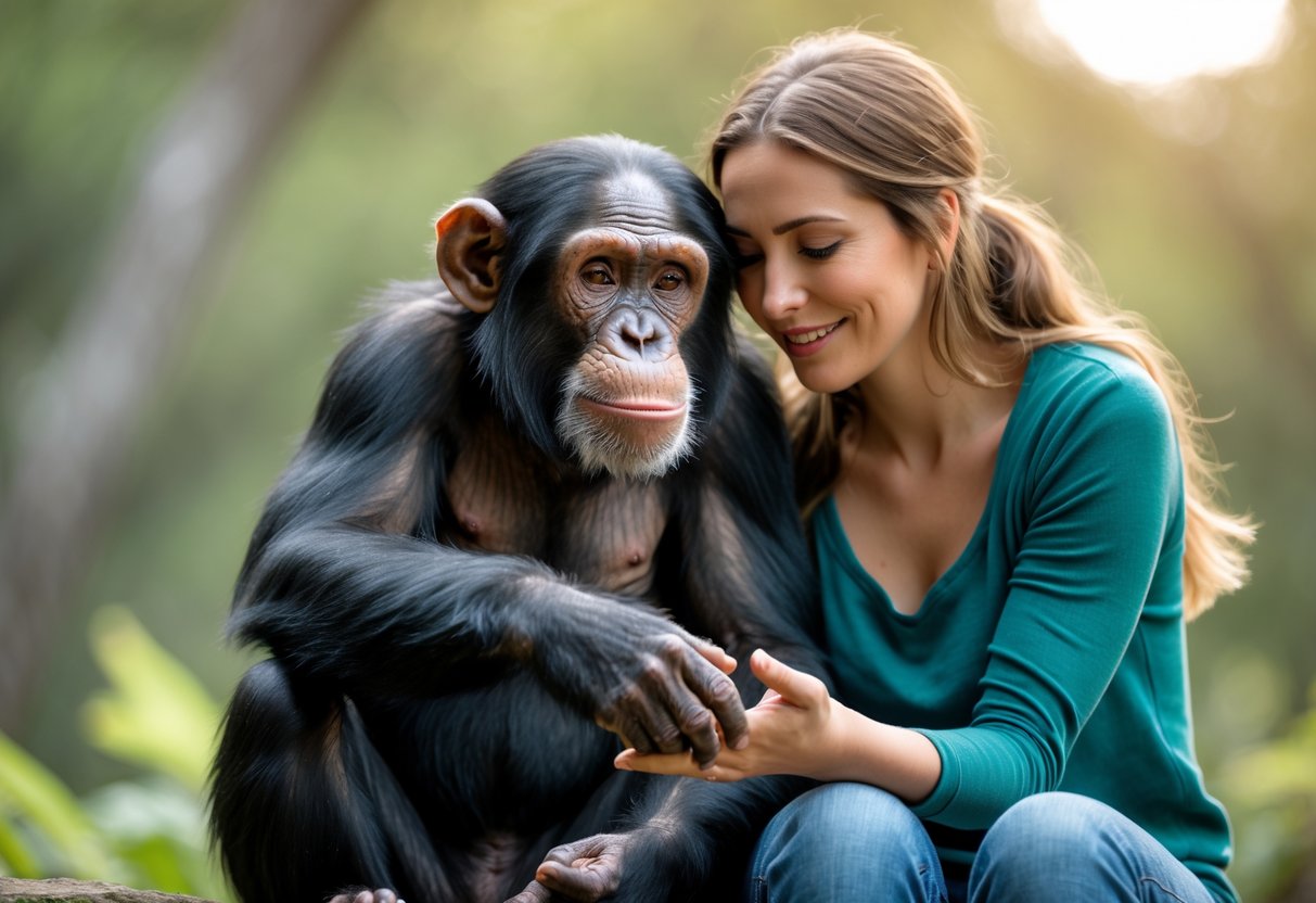 A chimpanzee and a human sitting close outdoors, touching hands and sharing a gentle moment.