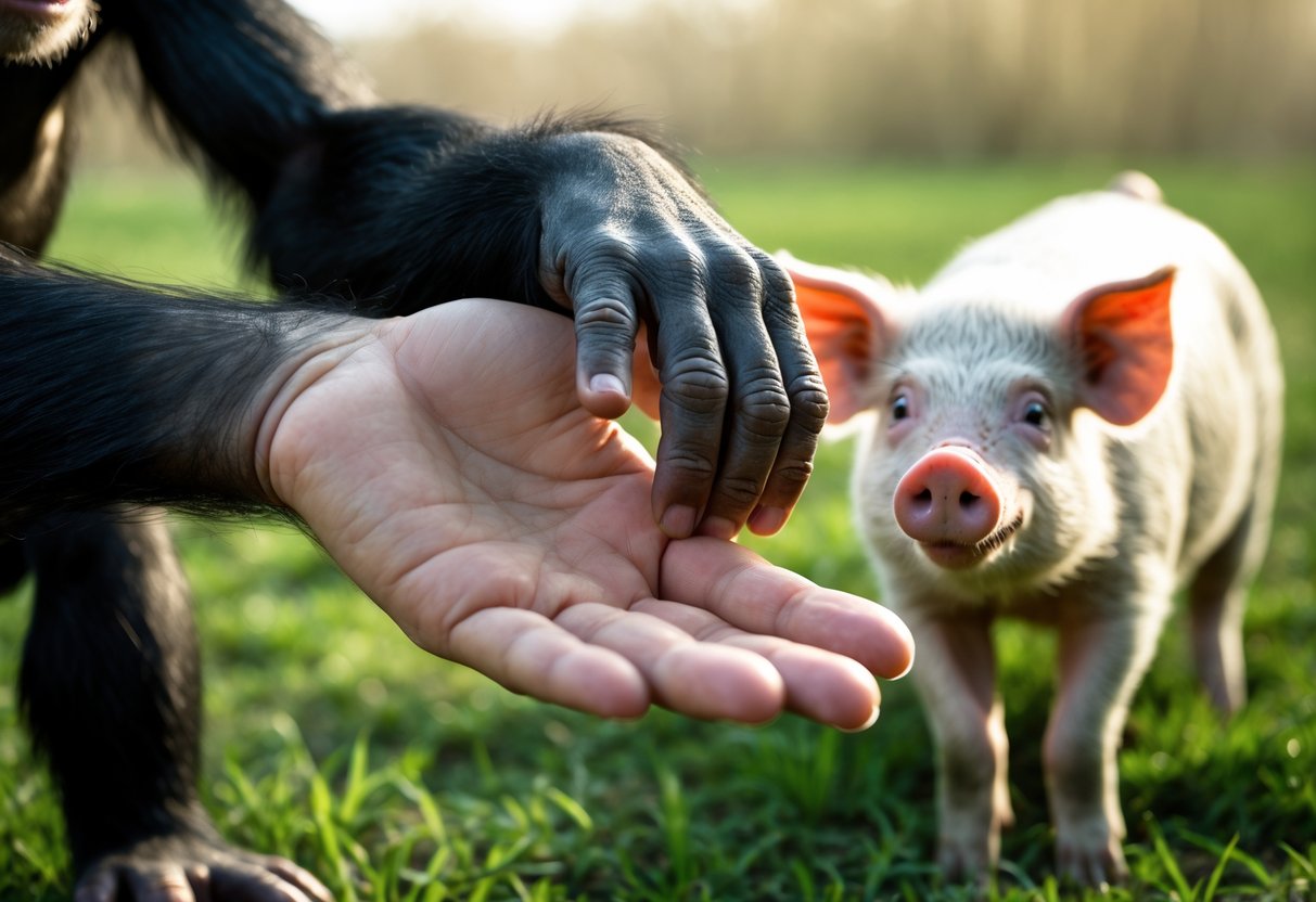A human hand and a chimpanzee hand reaching towards each other with a pig standing nearby in a grassy field.