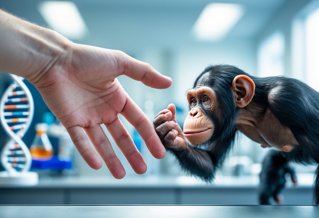 A human hand and a chimpanzee hand reaching towards each other with fingers nearly touching.