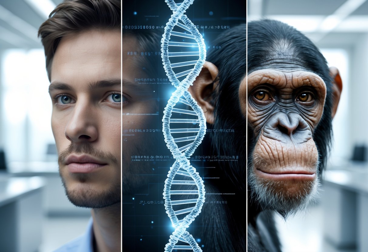 Split image showing a human face and a chimpanzee face with a glowing DNA strand between them in a laboratory setting.