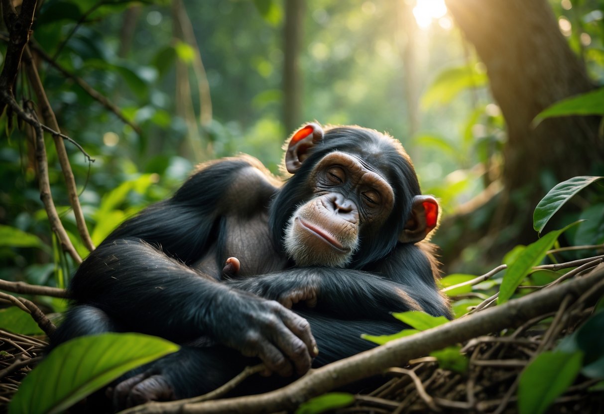 A chimpanzee lying on its side with eyes closed, resting peacefully on leaves in a forest.