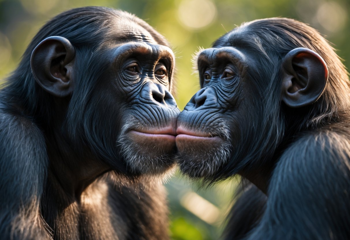 Two chimpanzees gently touching lips in a tender moment outdoors.