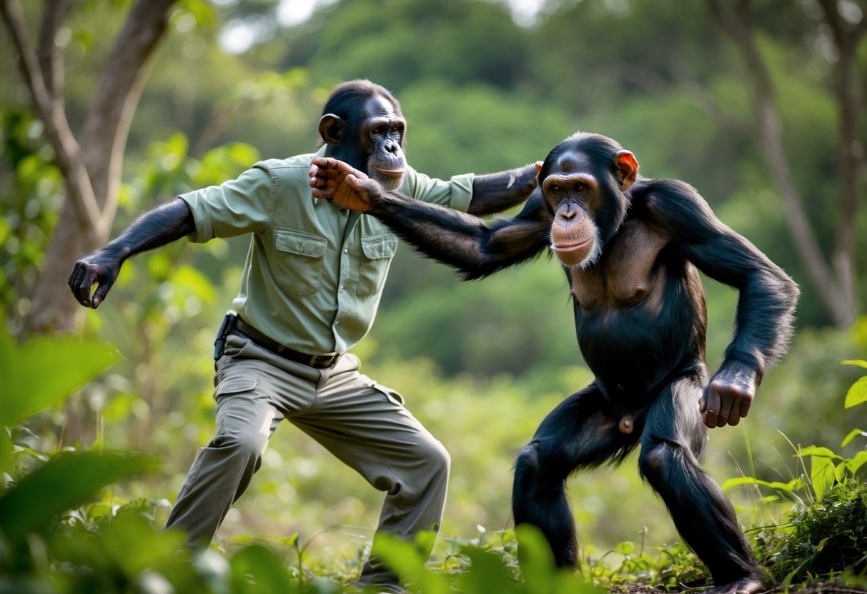 A person defensively shielding themselves from an aggressive chimpanzee in a forested area.