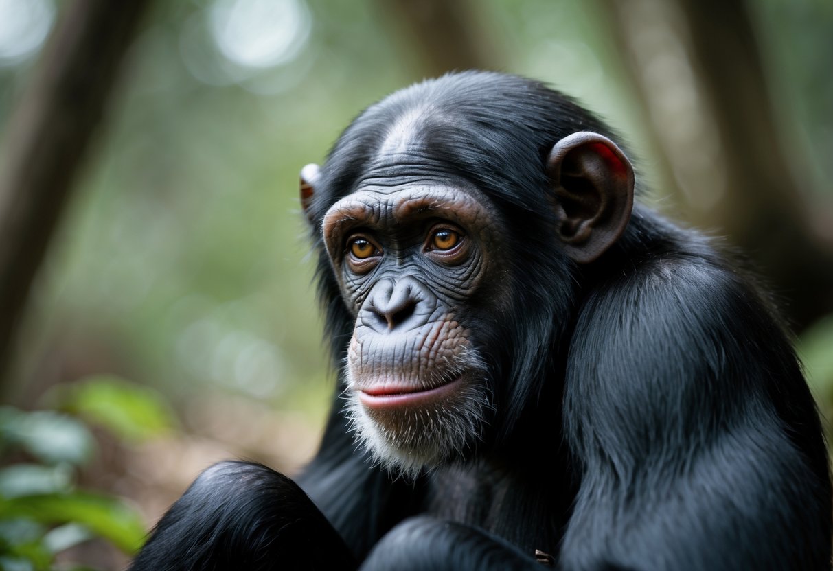 A close-up of a chimpanzee sitting calmly in a forest, looking thoughtful and expressive.