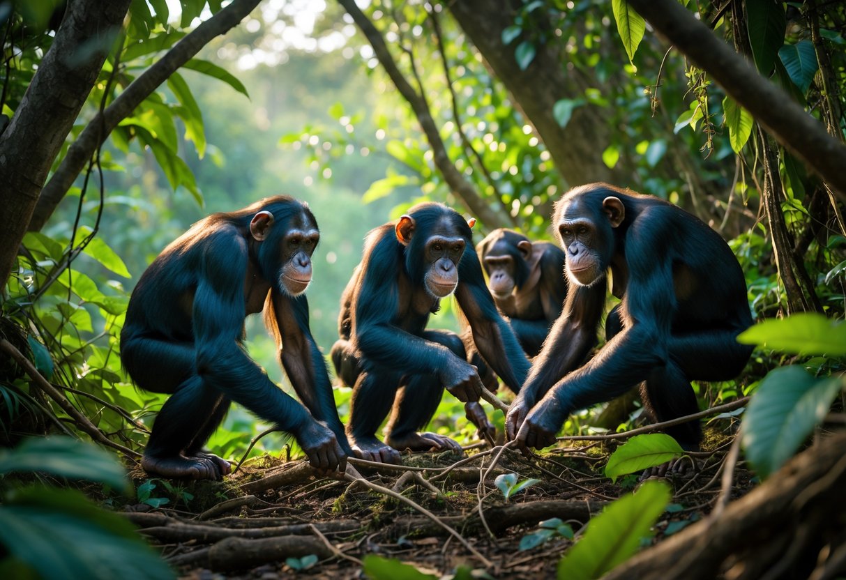 A group of female chimpanzees in a forest actively hunting together among dense green trees and foliage.