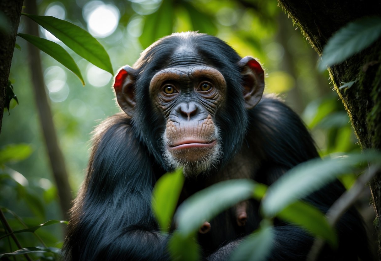 A close-up of a chimpanzee looking cautious and alert, partially hidden behind green leaves in a forest.