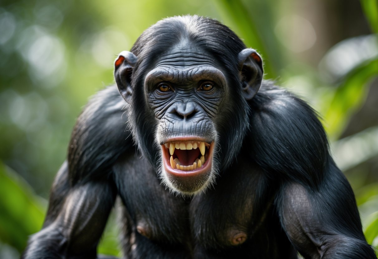 Close-up of a chimpanzee showing its teeth with an intense expression in a green outdoor environment.