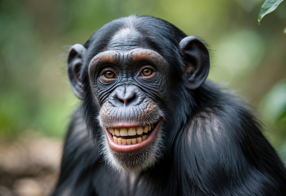 Close-up of a smiling chimpanzee looking directly at the camera with a blurred green forest background.