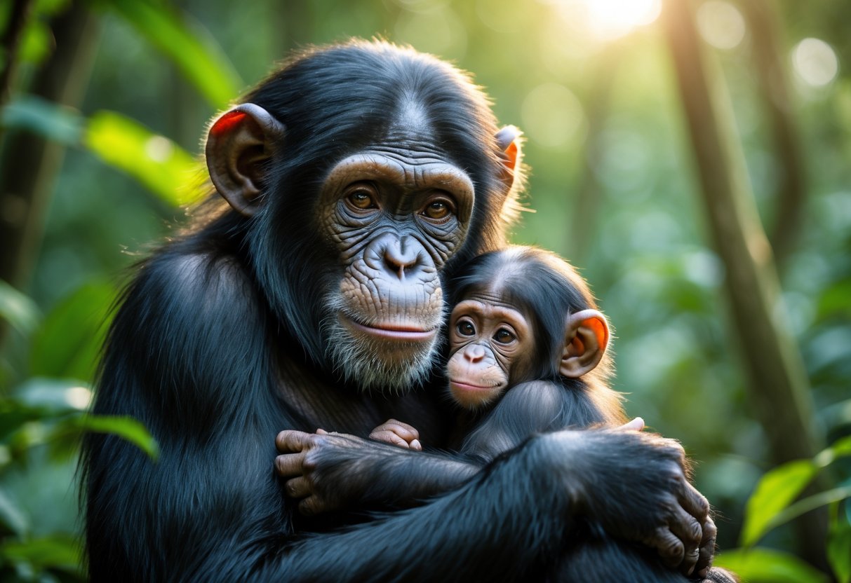 A chimpanzee mother gently holding her baby close in a forest setting.