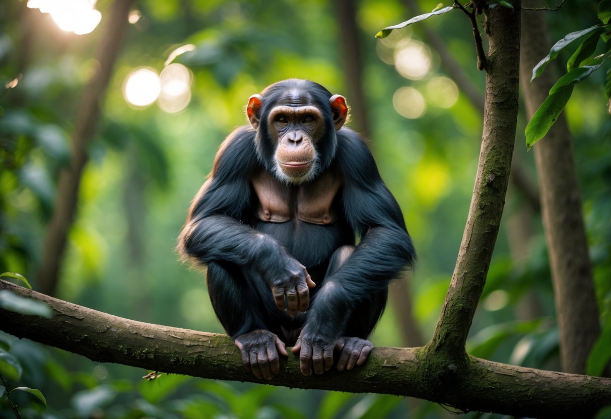 A chimpanzee sitting calmly on a tree branch in a forest, looking directly ahead.