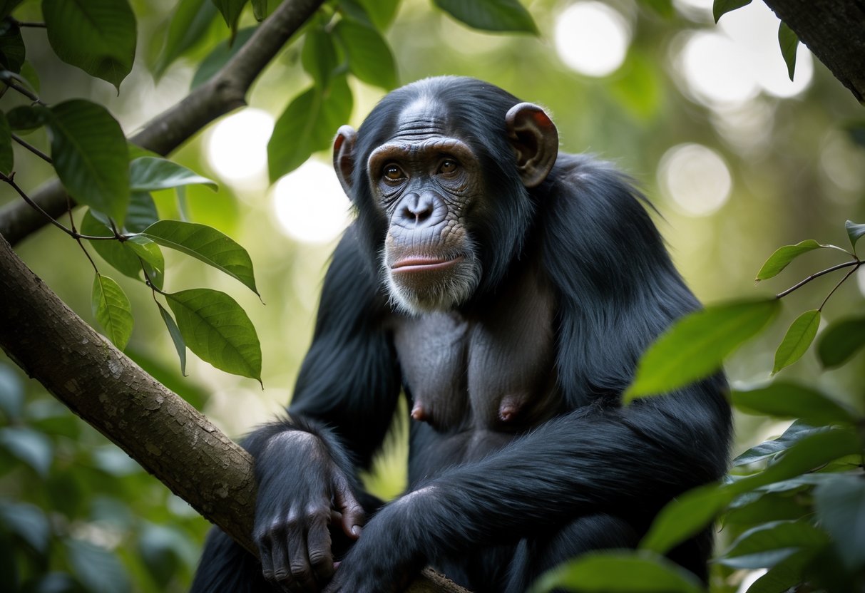 A chimpanzee sitting among green leaves, looking calm and alert.
