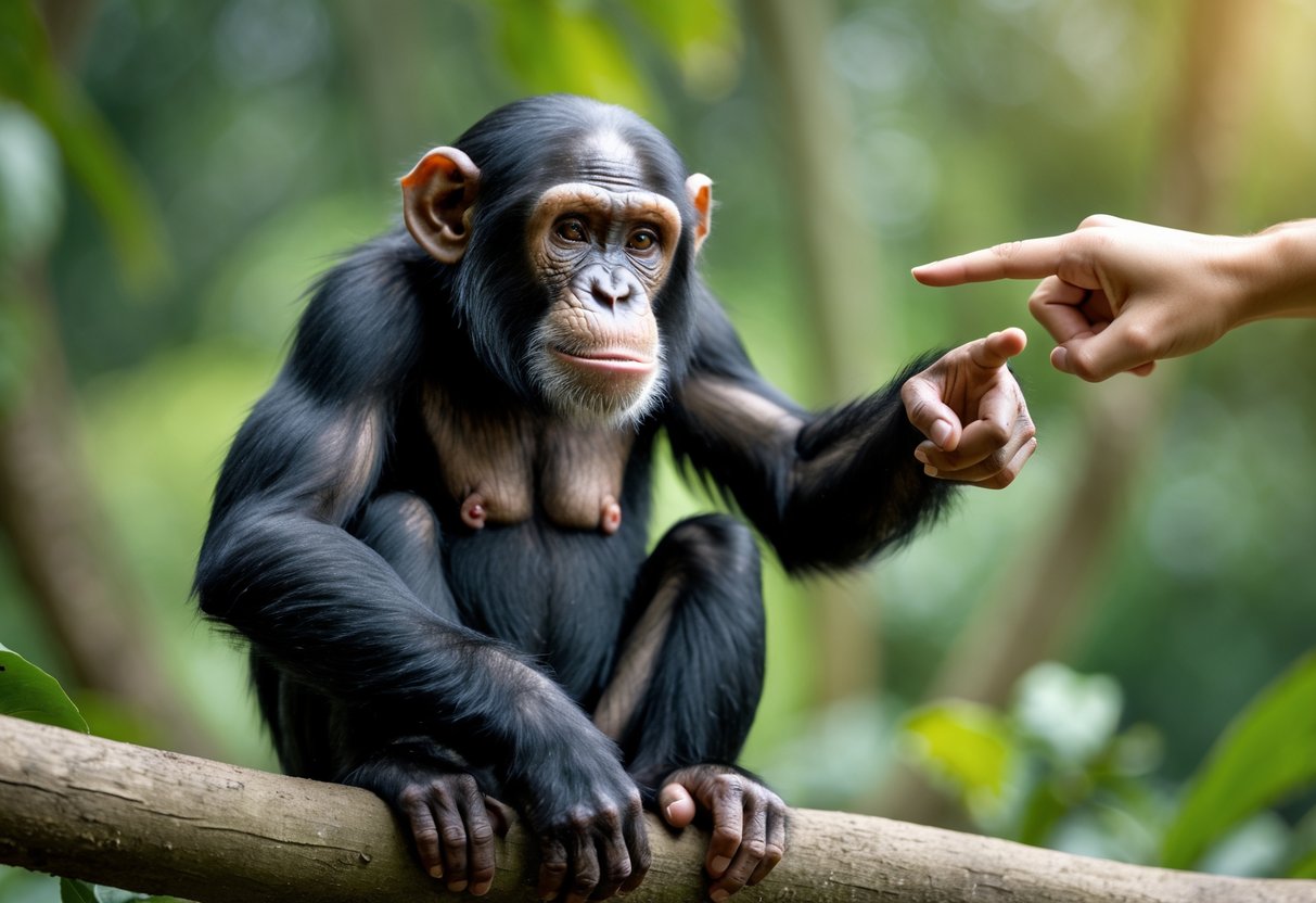 A chimpanzee looking attentively at a human hand pointing in a natural outdoor setting.