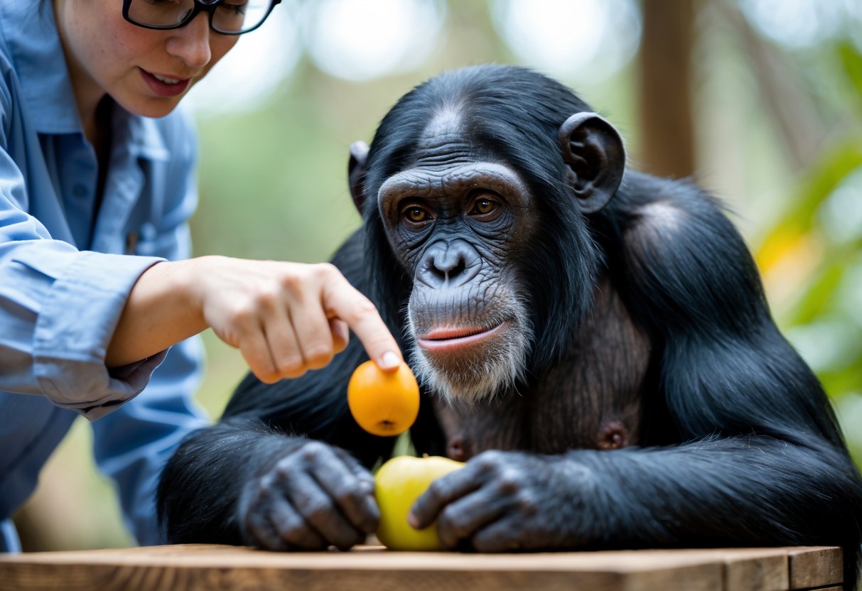 A chimpanzee and a human researcher are interacting as the human points at an object on a table, with the chimpanzee looking attentively.