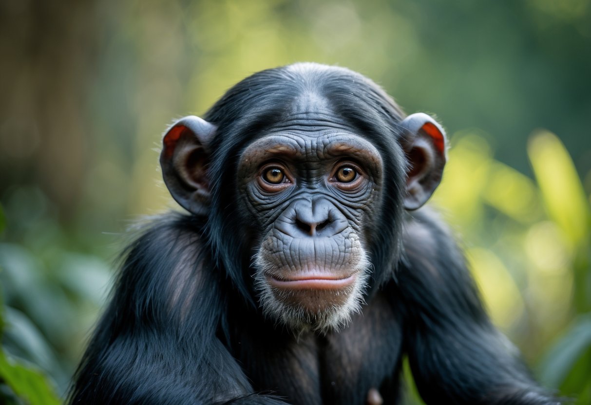 Close-up of a chimpanzee looking directly ahead with a focused expression in a natural outdoor setting.