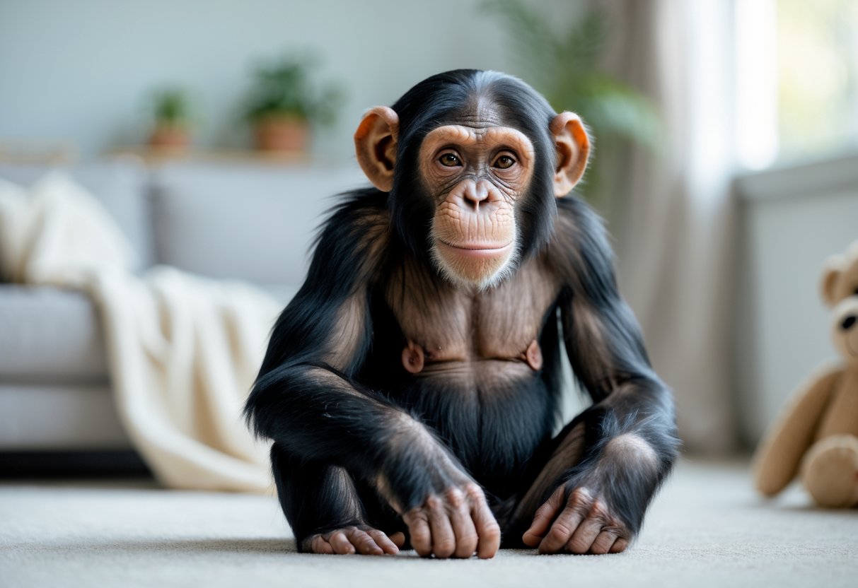 A chimpanzee sitting calmly indoors, looking attentively towards the camera with a gentle expression.