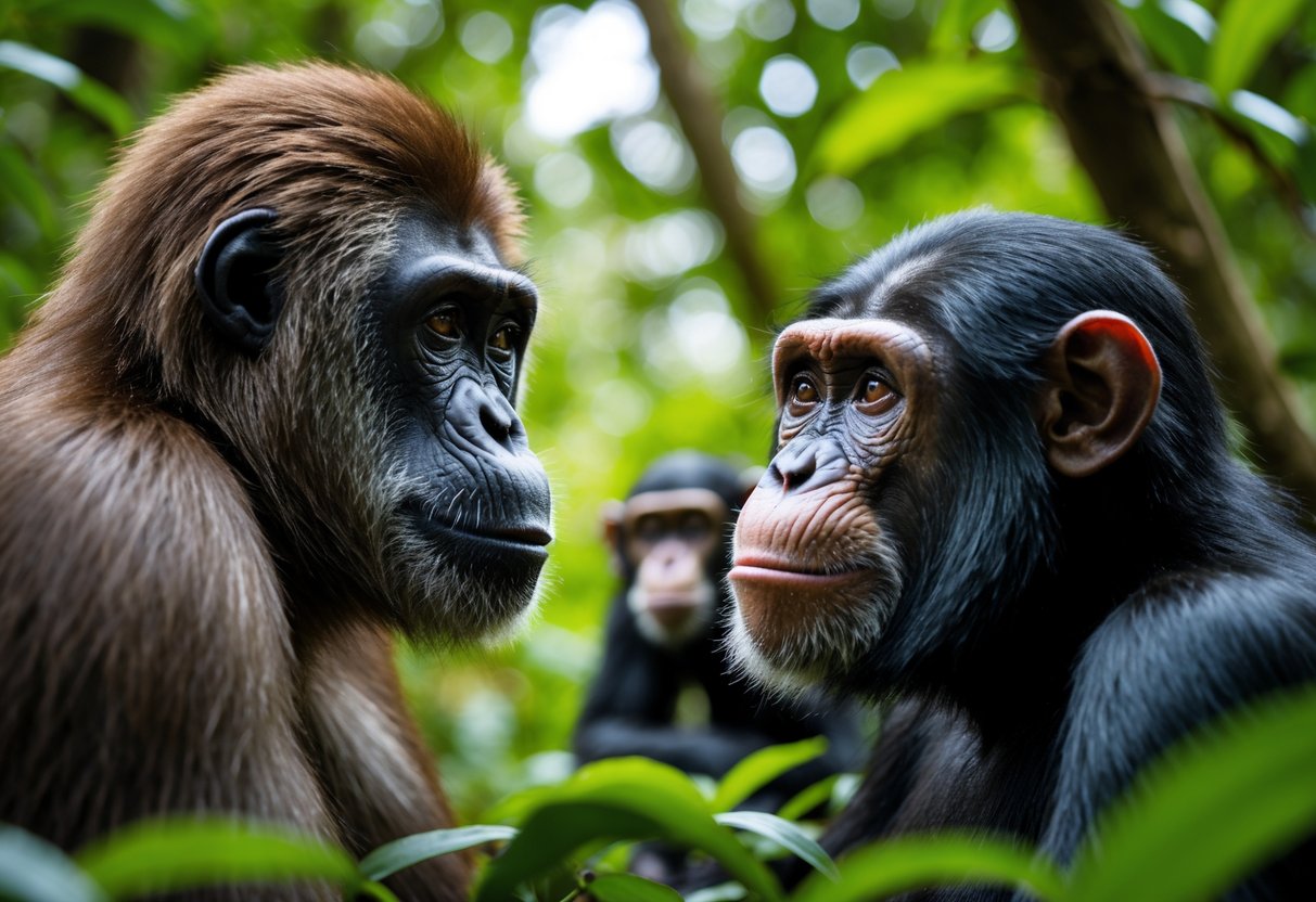 A bonobo and a chimpanzee facing each other in a green forest, with other primates visible in the background.